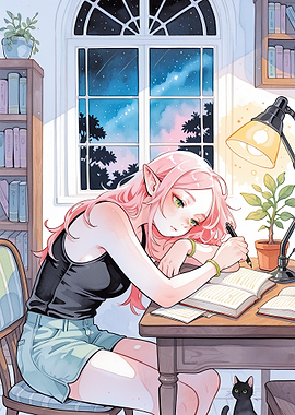 Anime Elf Girl Studying at Night