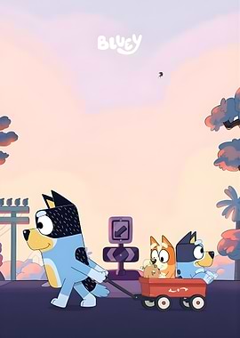 Bluey characters pulling a wagon