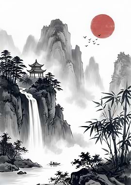 Serene Mountain Landscape with Pagoda and Waterfall