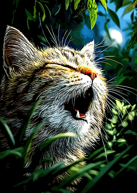 Close-up of a yawning wildcat in foliage
