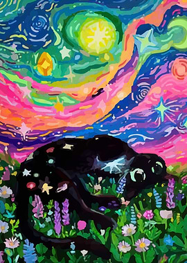 Black Cat in Starry Night Field