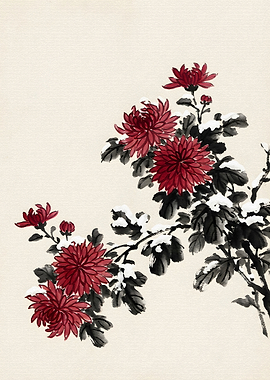 Red Chrysanthemums with Snow