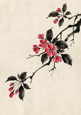 Japanese Ink Painting of Cherry Blossoms