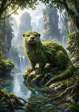 Otter in Lush Waterfall Landscape