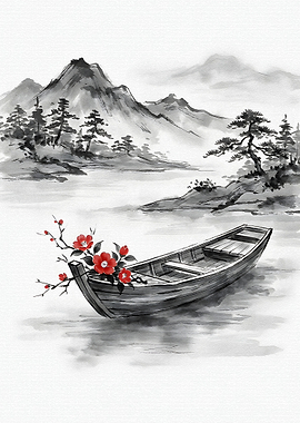Ink Wash Boat with Flowers