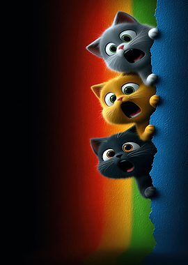 Three cartoon cats peeking over a torn edge