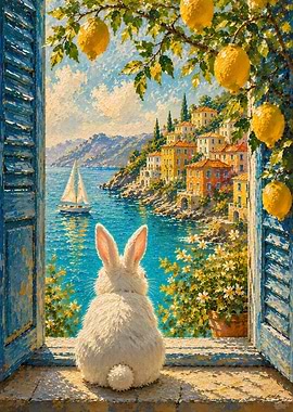 Bunny overlooking a coastal village