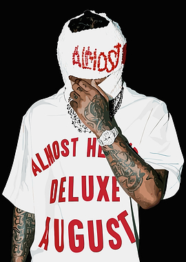 Rapper with 'Almost' text on face and shirt