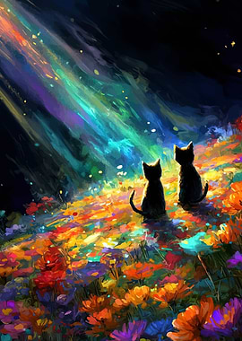 Two Black Cats in a Colorful Flower Field