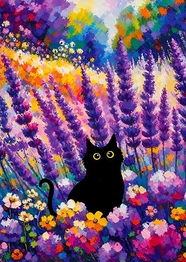 Black Cat in Lavender Field Painting