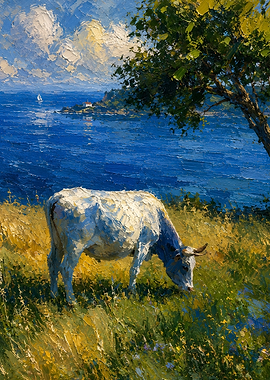 Cow grazing by the sea