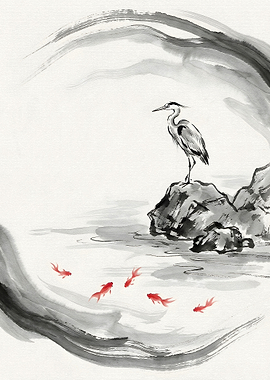 Heron and Koi Fish in Japanese Art