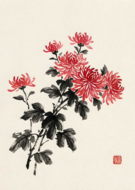 Red Chrysanthemums with Black Leaves