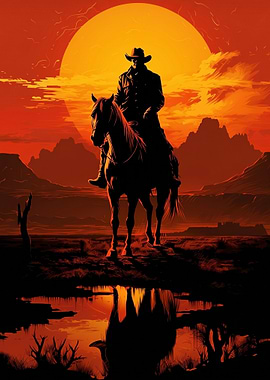 Cowboy on Horse at Sunset