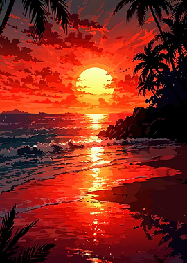 Vibrant Sunset Over Tropical Beach