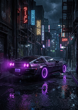 Cyberpunk DeLorean in Rainy City