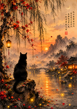 Black Cat Gazing at Sunset Landscape