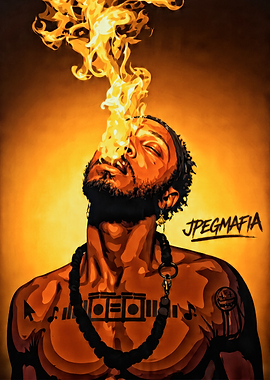 Man breathing fire with JPEGMAFIA text
