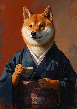 Shiba Inu in Kimono with Tea