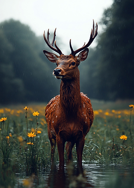 Majestic Deer in a Rainy Meadow