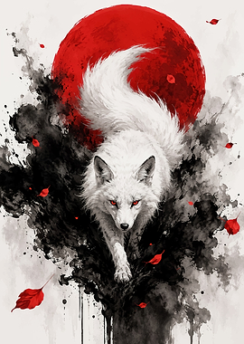 White Fox Under Red Moon