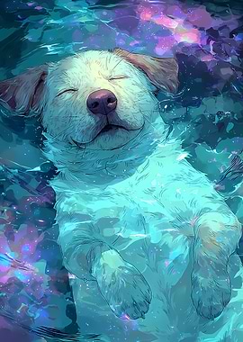 Dog floating and sleep in starry water Swim