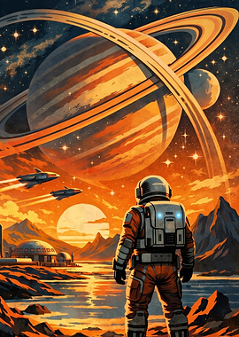 Astronaut Gazing at Saturn and Spaceships