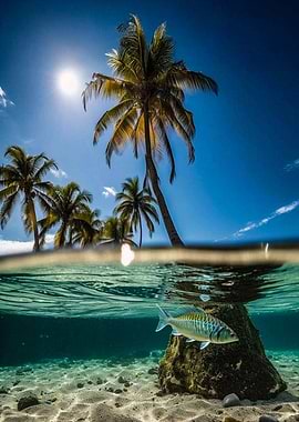 Split-level view of a tropical beach with palm trees and a fish