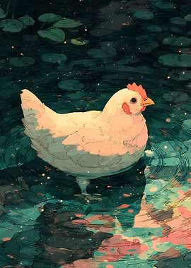 Chicken in the water Retro Painting
