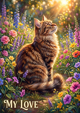 Cat in a Floral Garden