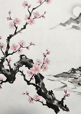 Cherry Blossoms and Mountains