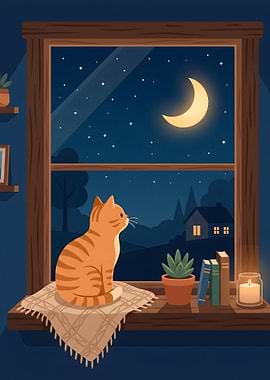 Cat looking out window at night