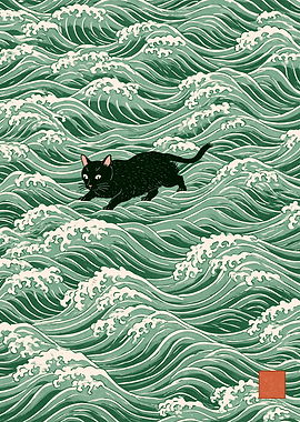 Black Cat in Japanese Waves