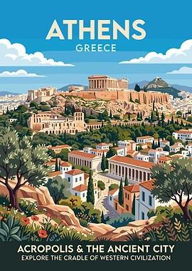 Athens Acropolis Vintage Travel Poster