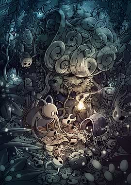 Hollow Knight characters in a forest