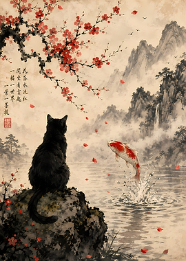 Black Cat Watches Koi Fish Jump