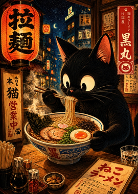 Black Cat Eating Ramen in Japan
