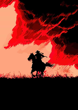Cowboy Riding Horse Under Red Sky