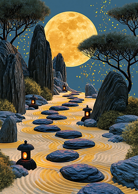 Zen Garden Path Under a Full Moon