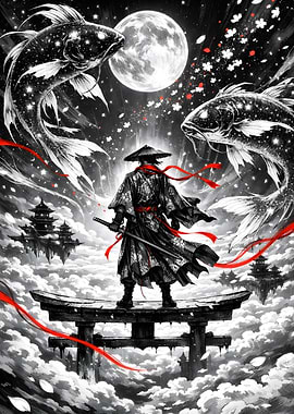 Samurai Warrior with Koi Fish and Moon