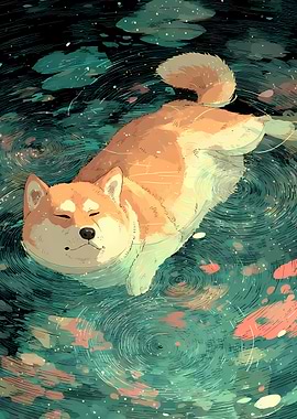 Shiba Inu Dog Floating and Sleep in Water