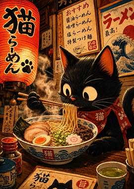 Black Cat Eating Ramen