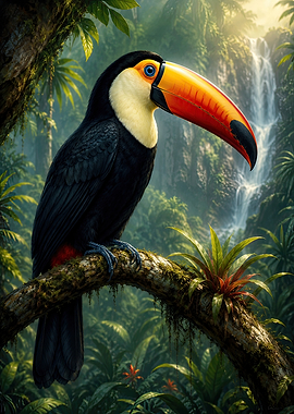 Toucan perched in a lush rainforest