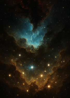 Cosmic Abyss Nebula - Teal and Gold Deep Space Wall Art