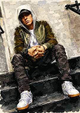 Eminem sitting on stairs