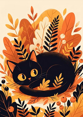 Black Cat in Autumn Leaves