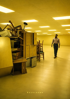 Man walking in yellow Backrooms