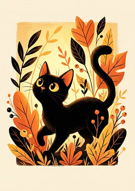 Black Cat in Autumn Leaves