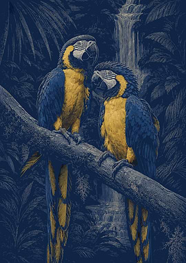 Two Macaws in a Jungle Waterfall