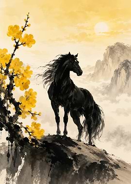 Black Horse on Mountain with Yellow Flowers